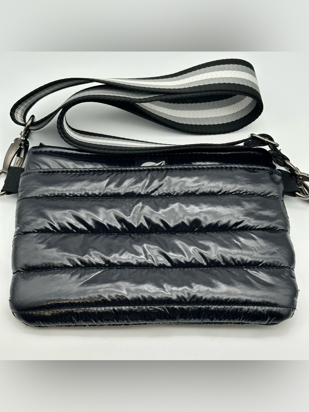 Woman's THINK ROYLN Pearl Black Bum Bag Crossbody Wide Stripe Strap Quilted Body